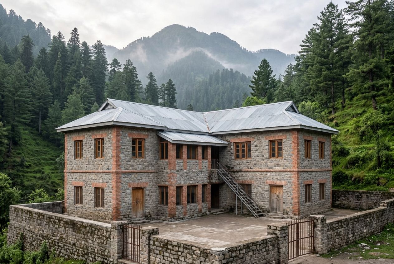 Stone and brick school building among pine trees